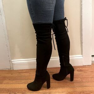 High heel Knee high solid black soft suede boots tie up autumn party block heels